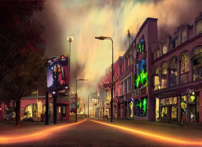 Prompt: north melbourne street, lowbrow, night with glowing lights, matte painting, 3 - d highly detailed, in the style of mark ryden