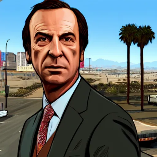 Image similar to Saul Goodman in GTA V . Los Santos in the background, palm trees. In the art style of Stephen Bliss.