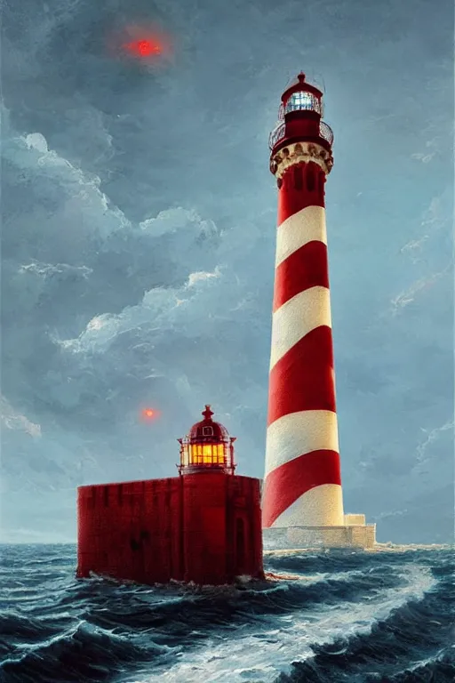 Prompt: imagine a ship in a bottle but instead of a ship a lighthouse is in the bottle, red and white lighthouse, fancy whiskey bottle, masterpiece painting by greg rutkowski