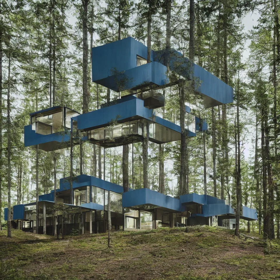 Image similar to architecture ad for a mid-century modern house in the forest, designed by Bjarke Ingels. Film grain, cinematic, colorized, blue hue