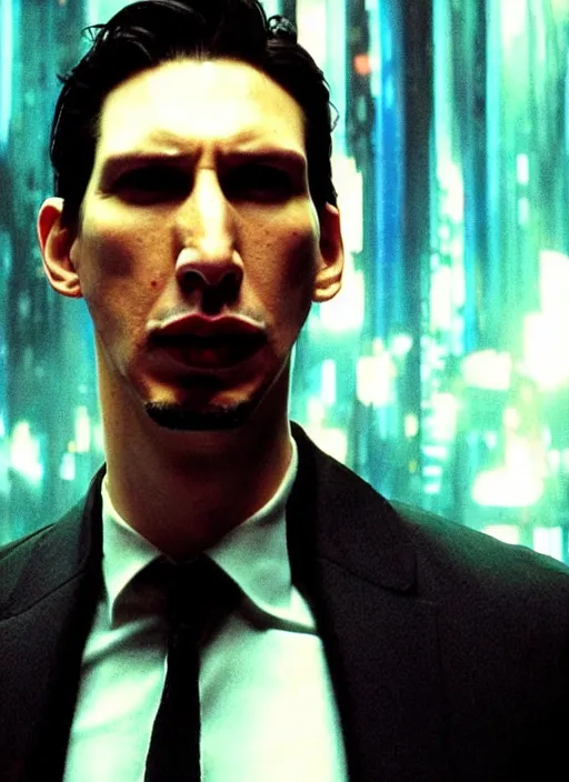 Image similar to adam driver as neo, matrix, city, lightning in the background