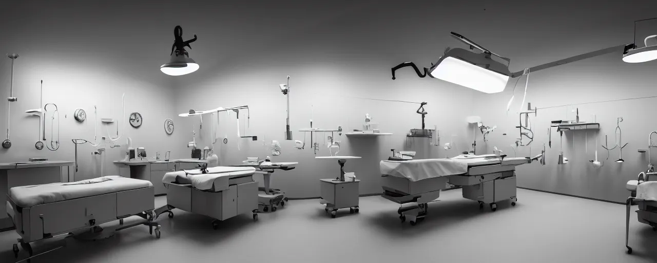 Image similar to interior design, vintage surgical center, 1400s era emergency room, one large operating table, surgical lights, scrub sinks, computer equipment, medical monitor displays, brutalist furniture, grey, dark mood, concept art, cinematic, epic wide shot, artstation, sharp focus, smooth, establishing shot, sense of awe