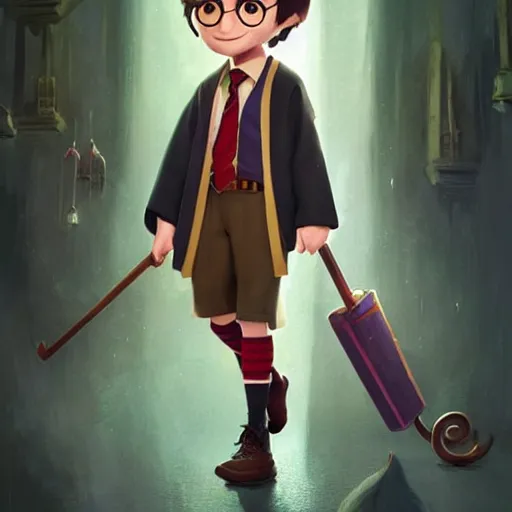 Image similar to a wholesome animation key shot of a cute chibi harry potter student, colorful, pixar and disney animation, sharp, very detailed, high resolution, key art by greg rutkowski, bloom, dramatic lighting