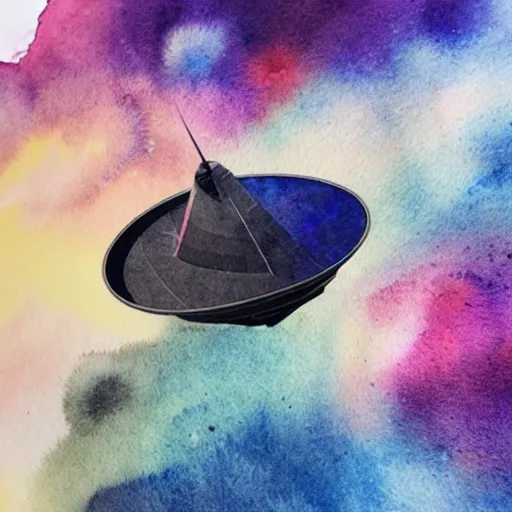 Image similar to high - angle view, close - up portrait, vague uap interstellar vehicle on top of an ephemeral rainbow in the sky, muted watercolor. minimalist, detailed, heavy under paint, muted colors. ue 5