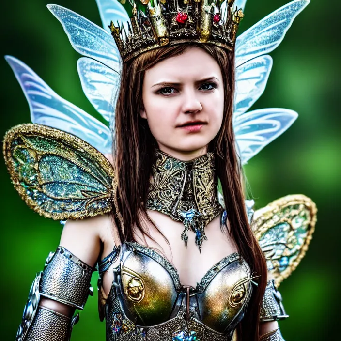 Image similar to photo of a very beautiful!! fairy queen with ornate sparkling armour, highly detailed, 4 k, hdr, smooth, sharp focus, high resolution, award - winning photo