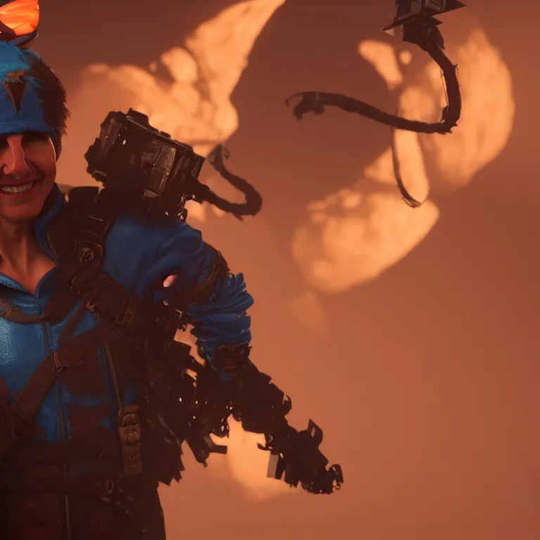 Prompt: a cinematic shot of Tom Cruise wearing jester costume, colorful, octane render, volumetric lighting, nvidia raytracing demo, by Andy Thomas, Mario Martinez, Daniel Mirante, Gustave Dore, Artstation, CGsociety, masterpiece