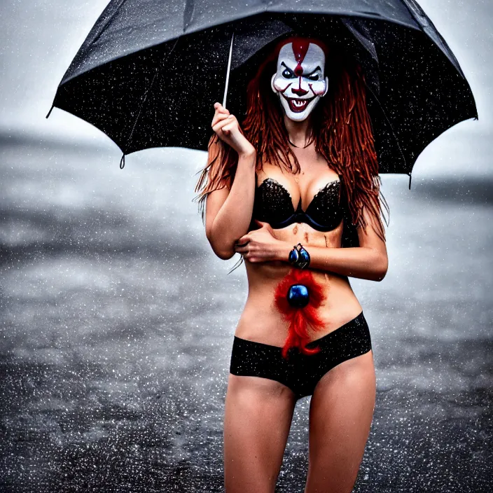 Image similar to fully body pose, photo of a very beautiful!! victoria secret model, pennywise, wet hair, raining, 8 k, hdr, smooth, sharp focus, high resolution, award - winning photo, trending on artstation, dslr, 5 0 mm