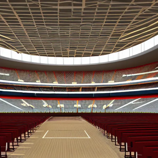 Prompt: interior design of a building that is simultaneously church and sports stadium, high quality, very detailed, 4 k