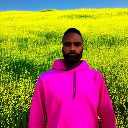 Image similar to a man standing in a yellow field wearing a neon green hoodie