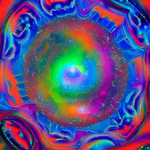 Image similar to an abstract painting of a psychedelic portal, interstellar colorful shapes and colors, an ultrafine detailed painting of a galaxy of fractals by stanton macdonald - wright, featured on artstation, psychedelic art, psychedelic, vivid colors, cosmic horror