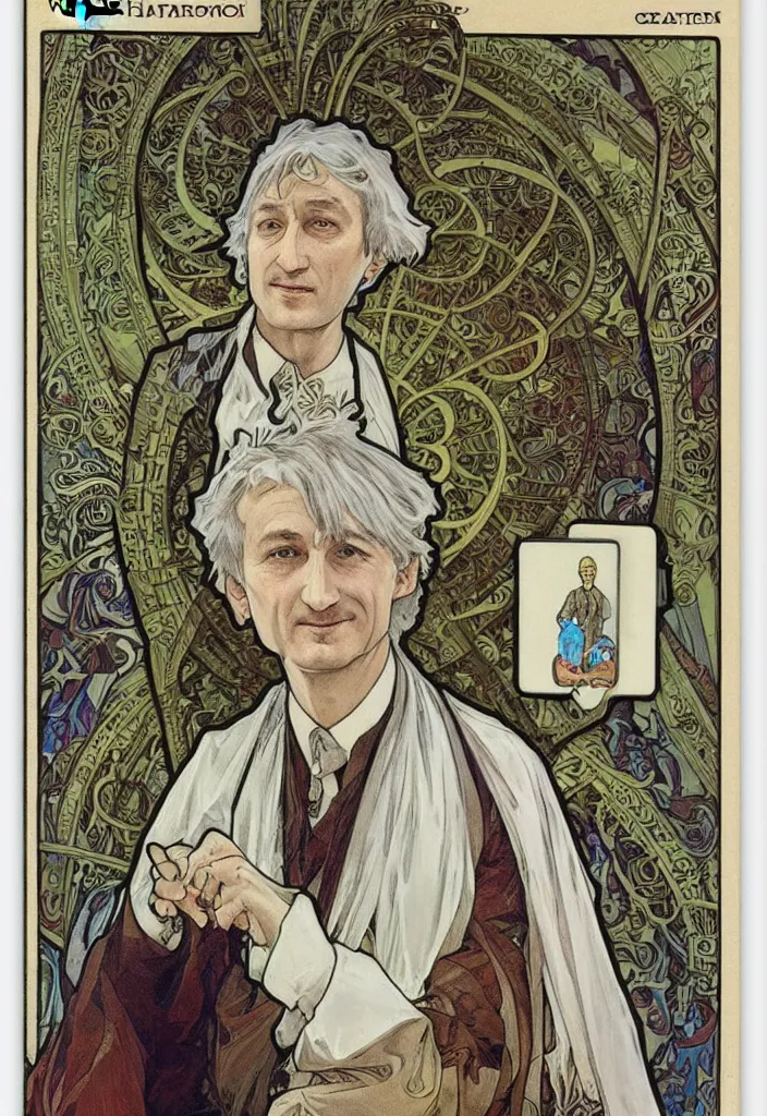 Image similar to realistic white - haired geoffrey hinton on a tarot card, tarot in art style by alphonse mucha