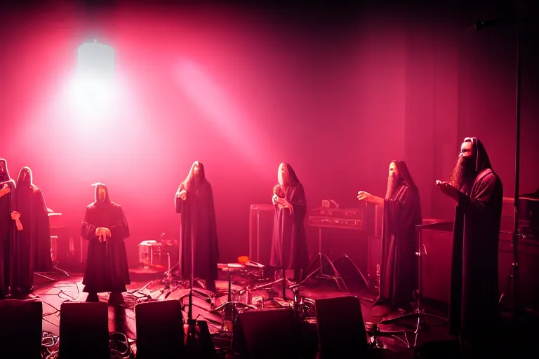 Prompt: a christian religious black that studies theology and arr becoming priests, band photo of a metal band playing christian black metal, stage outfits, cinematic, elegant, professional studio light, real dlsr photography, sharp focus, 4 k, ultra hd, sense of awe, high fashion