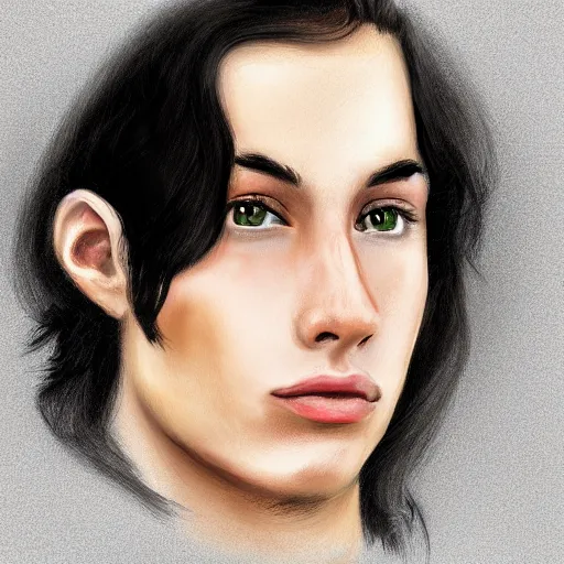 Prompt: a digital portrait of a 23 year old with black hair,hazel green eyes, drawn in the style of mark Arian