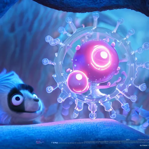 Image similar to tiny hades, expressive eyes, floating, rbc, radiolaria, bunny, protophyta, micro - organisms, center frame, symmetric, rim light, marine microbiology, bioluminescence, electric, fur, soft, concept art, intricate details, highly detailed, colorful, photorealistic, disney pixar, octane render, iridescent, anime