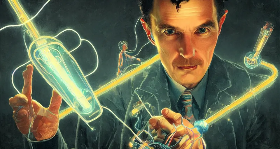 Prompt: nikolai tesla is surrounded by bolts of electricity as he holds a vacuum tube, digital art, intricate, dramatic lighting, neon colors, cinematic, holographic runes, art by artgerm, greg rutkowski, norman rockwell