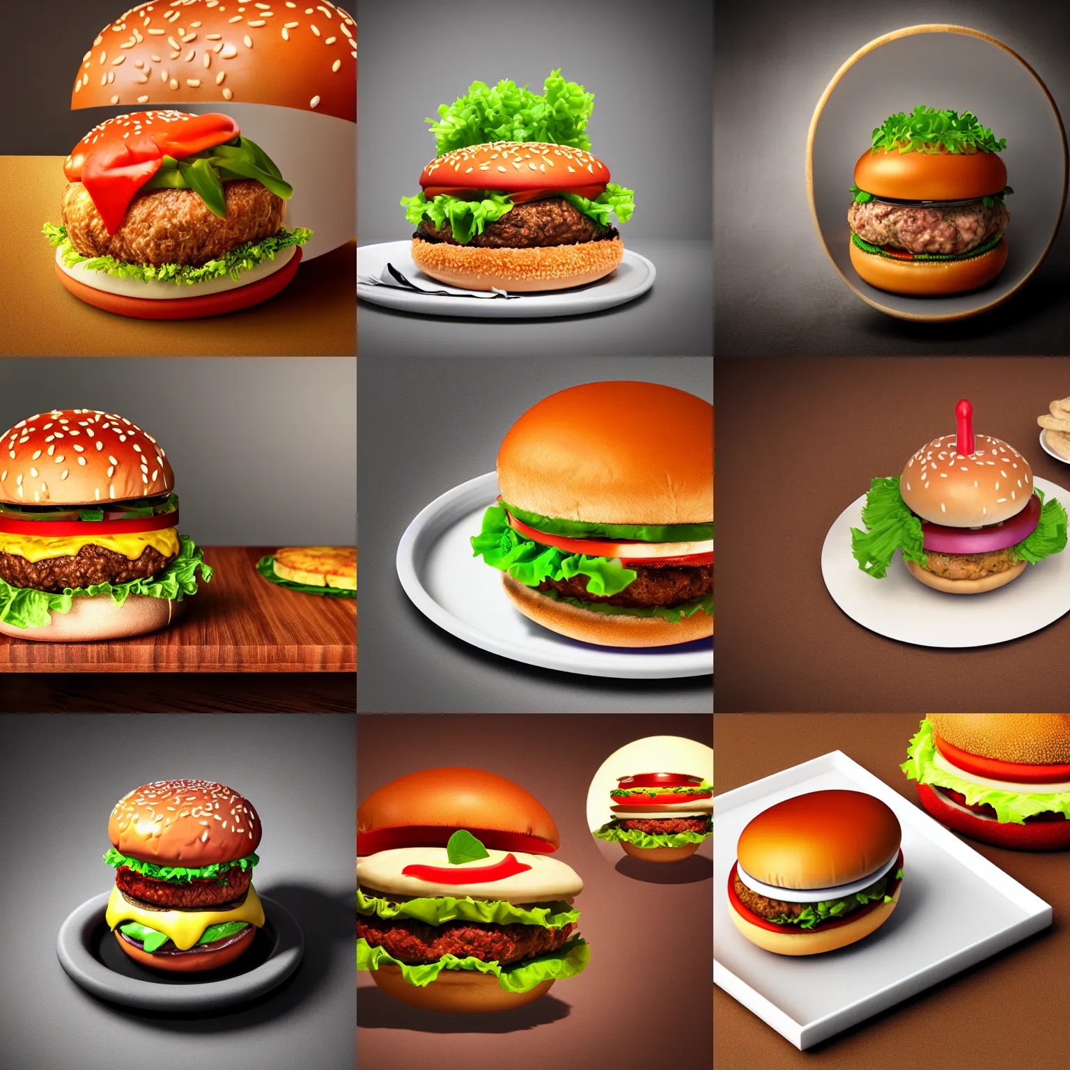 Prompt: 3D render of a living chicken inside a hamburger, food photography, studio lighting, highly detailed