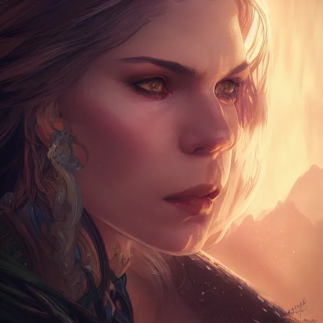 Image similar to close up portrait of a beautiful female witcher, artistic, magical mountain background with light rays, fantasy atmosphere. art by artgerm, greg rutkowski and alphonse mucha, highly detailed, intricate, lifelike. sci - fi, fantasy, magical, octane render,