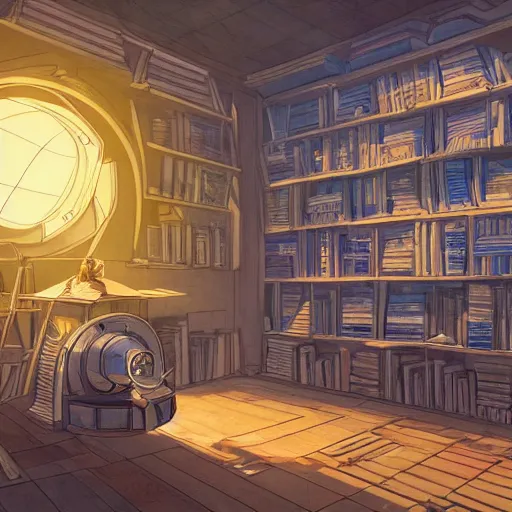 Prompt: Interior of an observatory, Blue light, Telescope, Shelves of books, Cluttered with Star maps, charts and tools, Dramatic lighting, Epic composition, Wide angle, by Miyazaki, Nausicaa Ghibli, Breath of The Wild