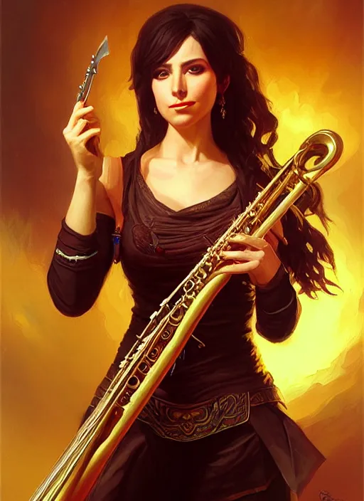 Image similar to a _ fantasy _ style _ portrait _ painting _ of female charismatic bard playing instrument, rpg dnd oil _ painting _ unreal _ 5 _ daz. _ rpg _ portrait _ extremely _ detailed _ artgerm _ greg _ rutkowski _ greg