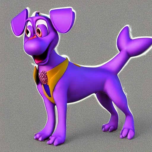 Image similar to an 3d render of a purple dog character, in the style of disney, pixar, mixed media collage, highly detailed, 8k resolution