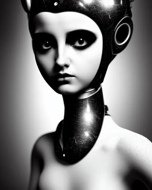 Image similar to surreal mythical dreamy dark artistic black and white fine art 3 / 4 fashion portrait photo of a young beautiful delicate female robot - owl with orchid - doll face, rim light, cinematic, studio dramatic light, poetic, masterpiece, octane render, 8 k, photo - realistic by gustave dore hg giger and man ray