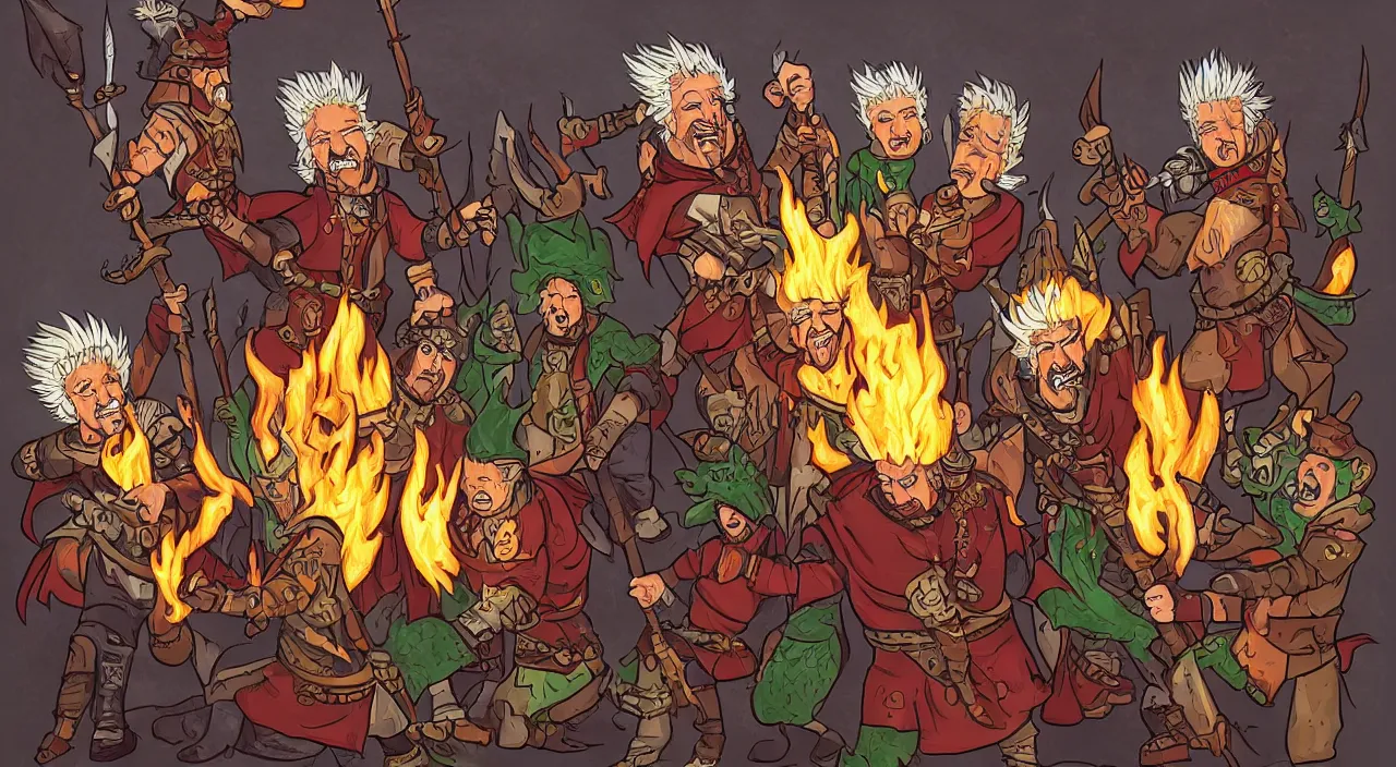 Image similar to a dungeons and dragons party of four guy fieri's, warrior fieri, mage fieri, rogue fieri, and cleric fieri, fantasy painting in the style of diego gisbert llorens