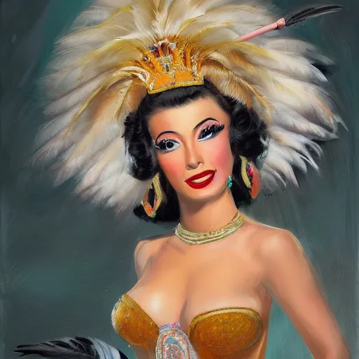 Prompt: peruvian showgirl, big hair, feathers, 1 9 4 0 s, oil painting, pale colors, high detail, 8 k, wide angle, trending on artstation