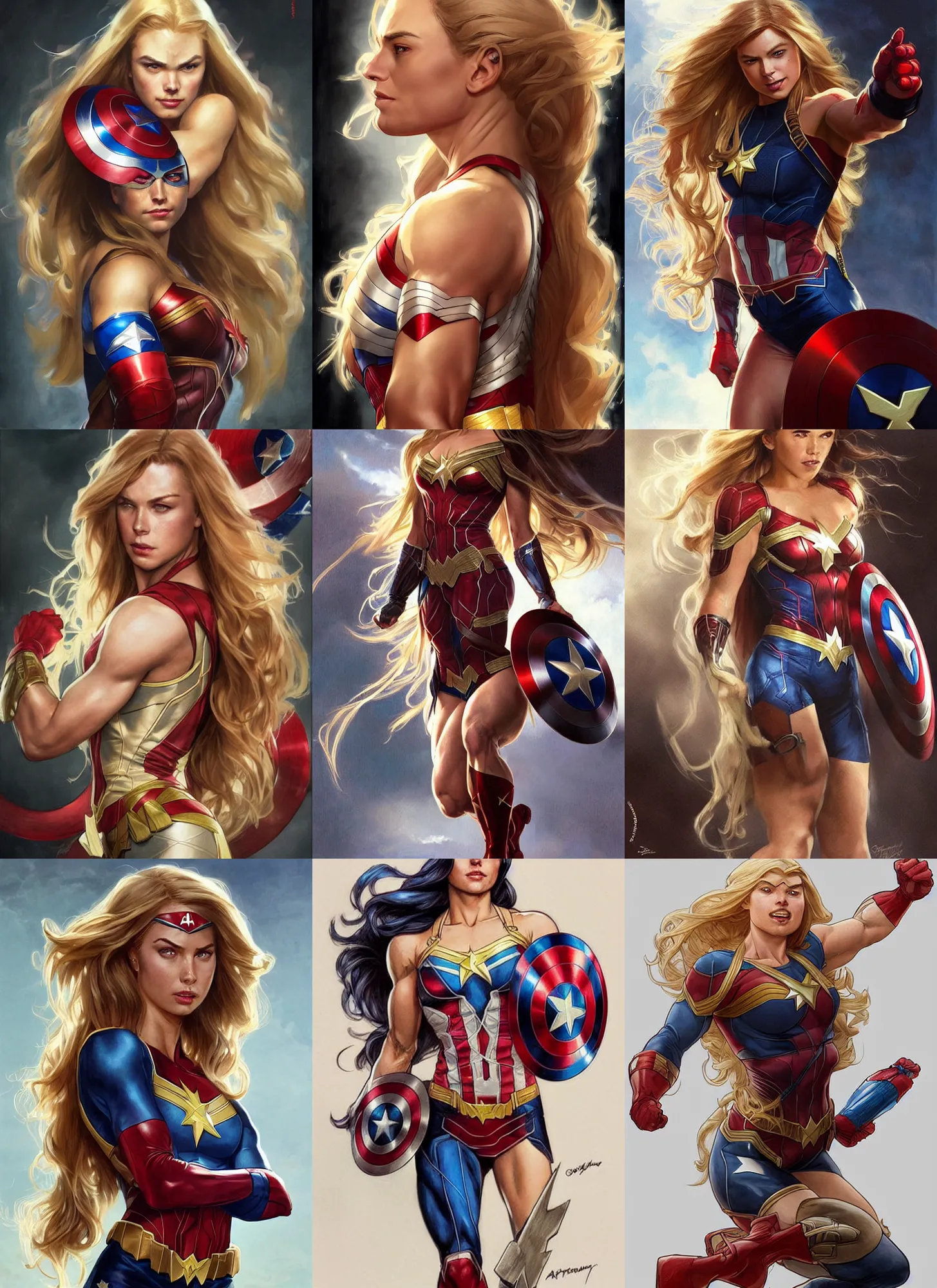 Image similar to a muscled young april with a mischievous face and extrmely long blonde wavy hair dressed as captain america, batman, the flash, captain marvel, wonder woman, a superhero. beautiful detailed face, artgerm, greg rutkowski, alphonse mucha