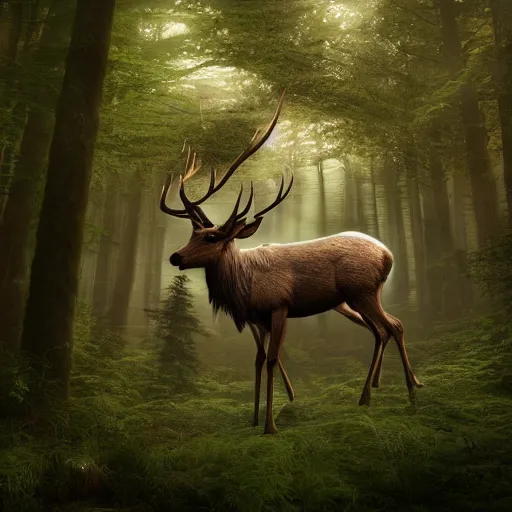 Prompt: photography of an hyper realistic elven, celestial highly detailed stag, in a magical highly detailed forest background. sunlight rays throught the trees. concept art 8 k rendering.