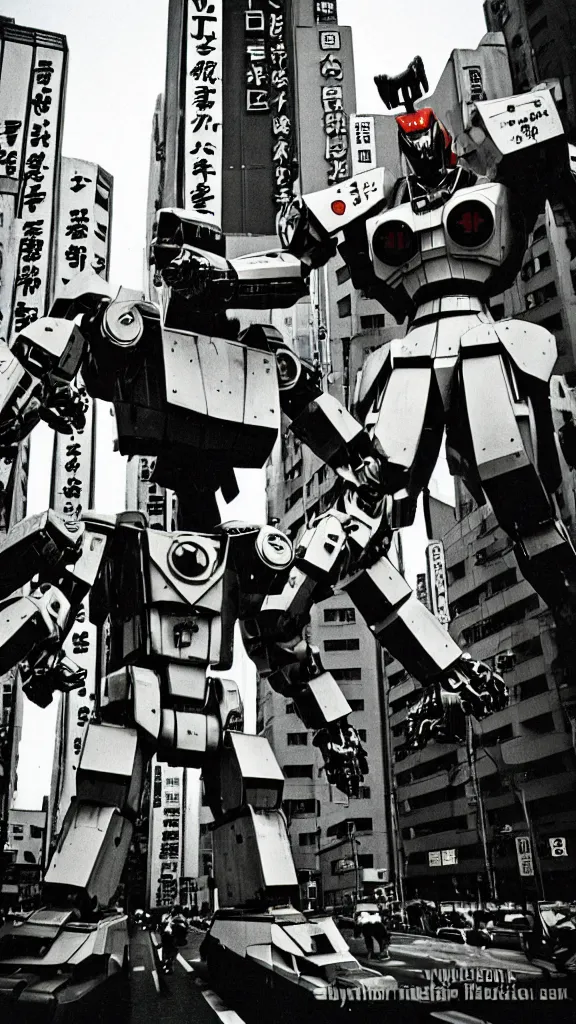 Image similar to 1 9 8 0 s giant robots fighting over tokyo, yashica t 4, slight motion blur