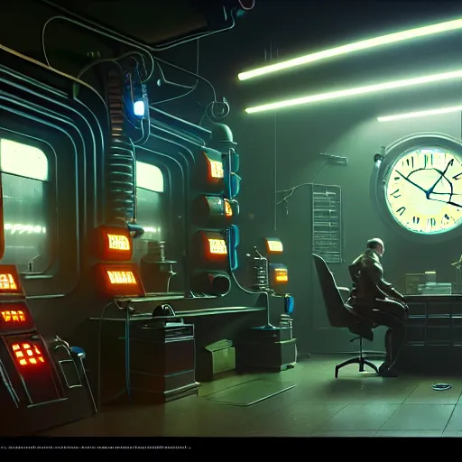 Image similar to clocks in the main office of the time saving bank, cyber punk, retro machinery, futuristic hi-tech details, art by anthony macbain + greg rutkowski + jean giraud, concept art, 4k, sharp focus, cinematic render unreal engine