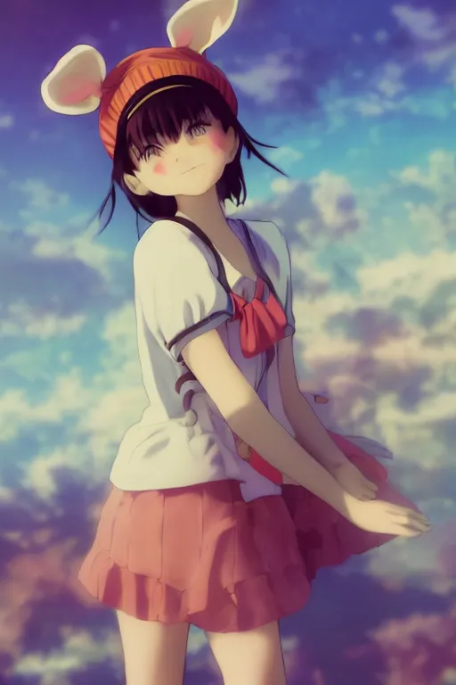 Image similar to Poster of tonemapped Smiling anime girl with bunny hat in the style of Makoto Shinkai and Yun Koga