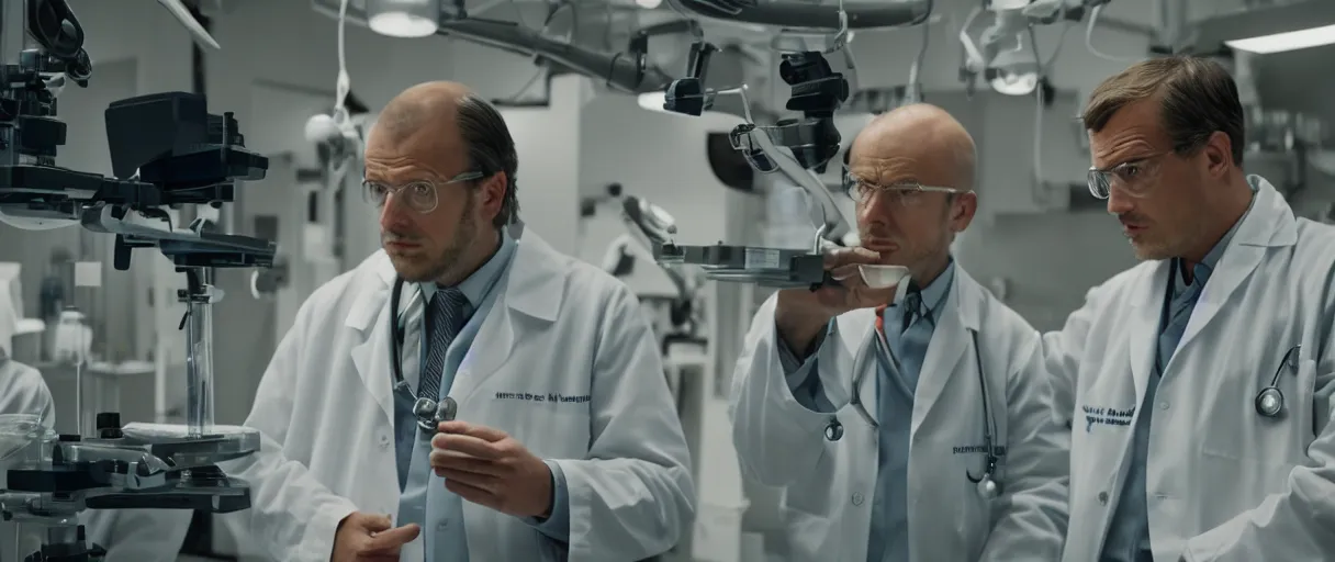 Prompt: filmic dutch angle movie still 4 k uhd 3 5 mm film color photograph of a shocked but intrigued doctor looking down at a dangerous re - animated specimen in a lab