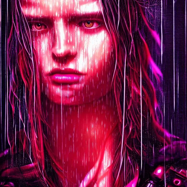 Image similar to bright aesthetic portrait LSD glowing backlit rain on face and wet hair, cyberpunk, overhead lighting, fantasy, intricate, elegant, dramatic lighting, highly detailed, lifelike, photorealistic, digital painting, artstation, illustration, concept art, smooth, sharp focus, art by John Collier and Albert Aublet and Krenz Cushart and Artem Demura and Alphonse Mucha