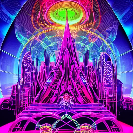 Image similar to mystical psychedelic poster with shaded lighting in the style of andriod jones, radiant light, detailed and complex environment, beautiful, peaceful, utopic astral city in the sky with many buildings and temples reflecting a modern city on the ground with old growth pine trees, overlaid sacred geometry, divine light, with implied lines, gradient of hot pink and neon baby blue