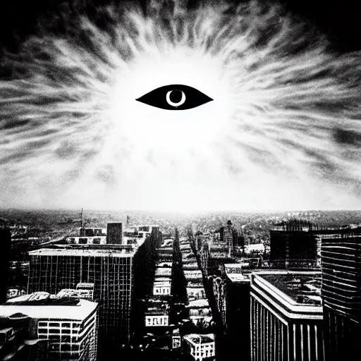 Image similar to an all - seeing eye floating in the sky over a city, high contrast, low key, black and white, newspaper, film grain