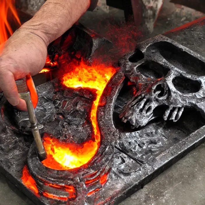 Image similar to wide angle shotmolten metal being poured into a mold in the shape of a punisher skull emblem. background is firey foundry. detailed, high art, intricate, artisan