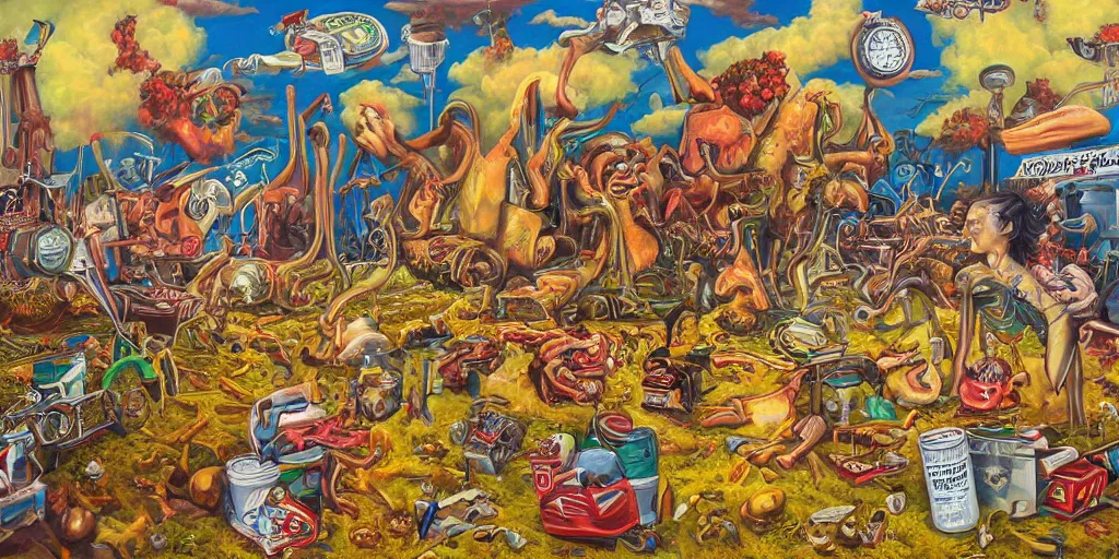 Image similar to refined oil painting lowbrow pop surreal masterpiece in the style of robert williams,