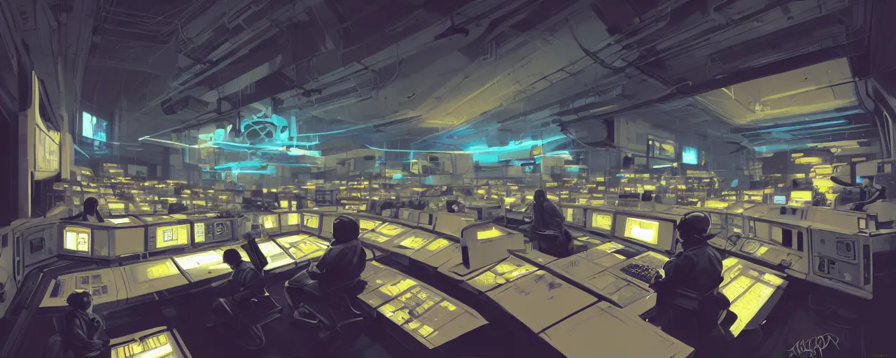 Image similar to duotone concept illustration 3 / 4 portrait of penguins siiting in modern supercomputer control room. cinematic scene. ovlumetric lighting. golden rario accidental renaissance. by sachin teng and sergey kolesov and ruan jia and heng z. graffiti art, scifi, fantasy, hyper detailed. octane render. concept art. trending on artstation