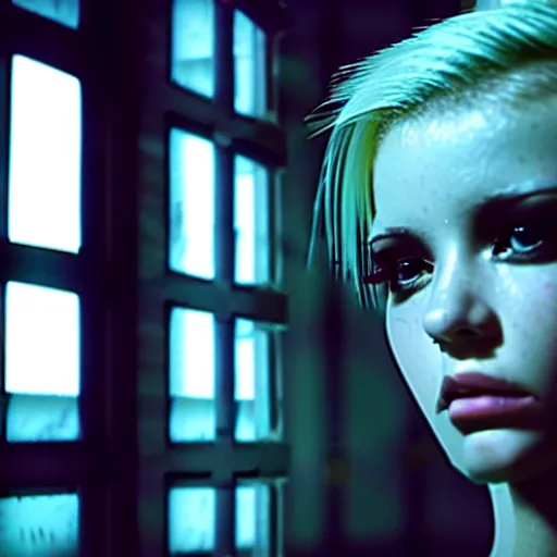 Prompt: worried, runaway beautiful android looking out at you through the window in a dirty abandoned factory, short spiky blonde hair, cyberpunk outfit, still from closed circuit tv footage, high angle