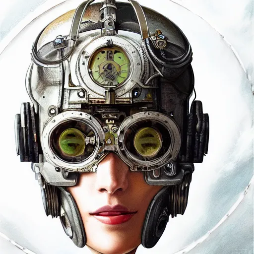 Image similar to portrait painting of a steampunk cyborg pilot, transhumanism, ultra realistic, concept art, studio ghibli, intricate details, eerie highly detailed