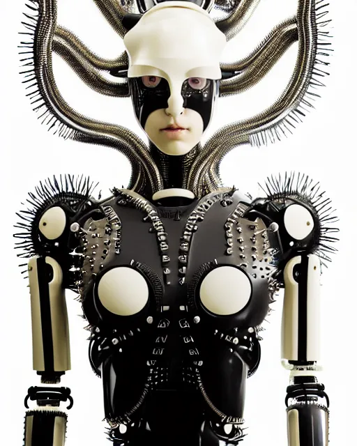 Prompt: symmetrical portrait of a biomechanical cyborg wearing a silicone steel spikes studded iridescent beauty mask and neon hair buns, wearing a black bodysuit by iris van herpen, cream white background, soft diffused light, biotechnology, humanoid robot, bjork aesthetic, translucent, by rineke dijkstra, intricate details, highly detailed, masterpiece,