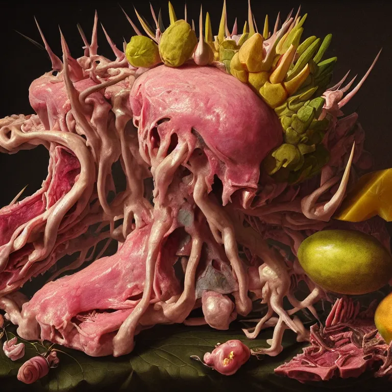 Prompt: still life of beautiful pastel tropical alien flowers, tropical fruit, human spine, rotten meat flesh with colorful mold, muscle tissue, spikes, baroque painting, beautiful detailed intricate insanely detailed octane render, 8K artistic photography, photorealistic, chiaroscuro, Raphael, Caravaggio