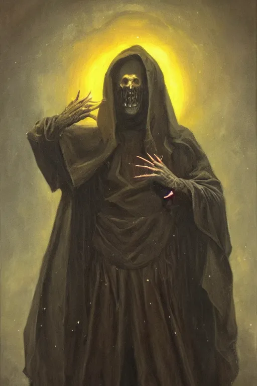 Prompt: portrait of an ominous mysterious horrific omniscient religious figure performing a dark ritual, oil on canvas, romanticism style, ornate, elegant, highly detailed, surrealism, concept art, trending on artstation