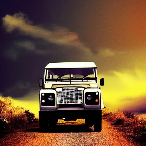 Prompt: a land rover driving down a windey road with noctoluminescent clouds in the sky, simplistic style, 1 9 8 0 s poster style.