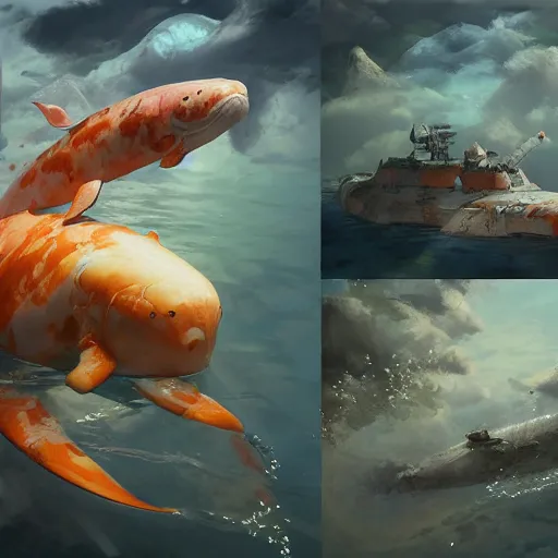 Image similar to subsurface scattering, white, giant submarine, koi colors, excluding koi, octane render, jesper ejsing, justin gerard, james jean, tomasz alen kopera, cgsociety, fenghua zhong, makoto shinkai, highly detailed, rim light, art, cinematic lighting, very coherent, hyper realism, 8 k