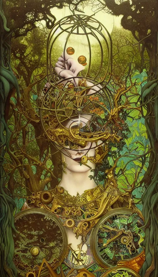 Image similar to M. C. Escher time machine, lush forest painted by tom bagshaw, mobius, mucha M. C. Escher, gold paint, ink, gnarly details