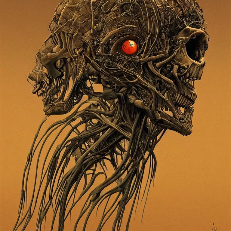 Image similar to organic cyborg alien skeleton alien centipede planet face style of zdzislaw beksinski surrealism poster art album cover contrast skull eyeballs