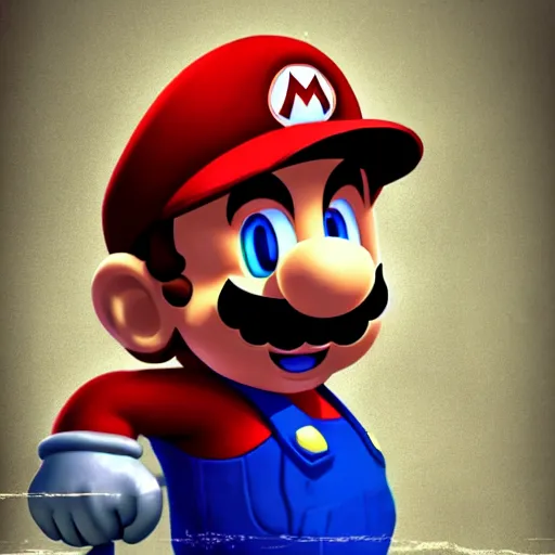 Image similar to super mario, realistic, dark, detailed, grunge, artstation