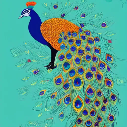 Prompt: magical peacock bird illustration by bijou karman, colourful, bold